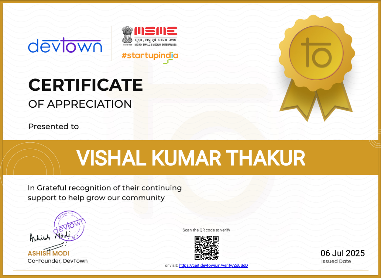 Certificacte of Appreciation by Devtown